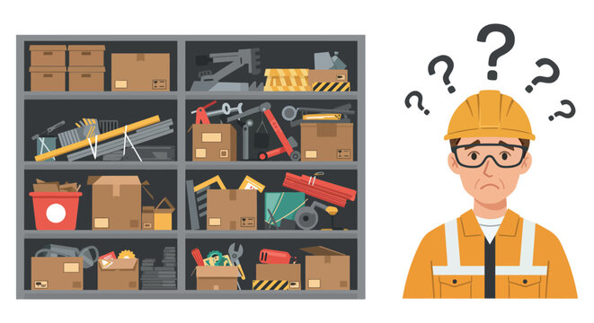 Worker confused in a messy storage room with many tools and boxes vector illustration