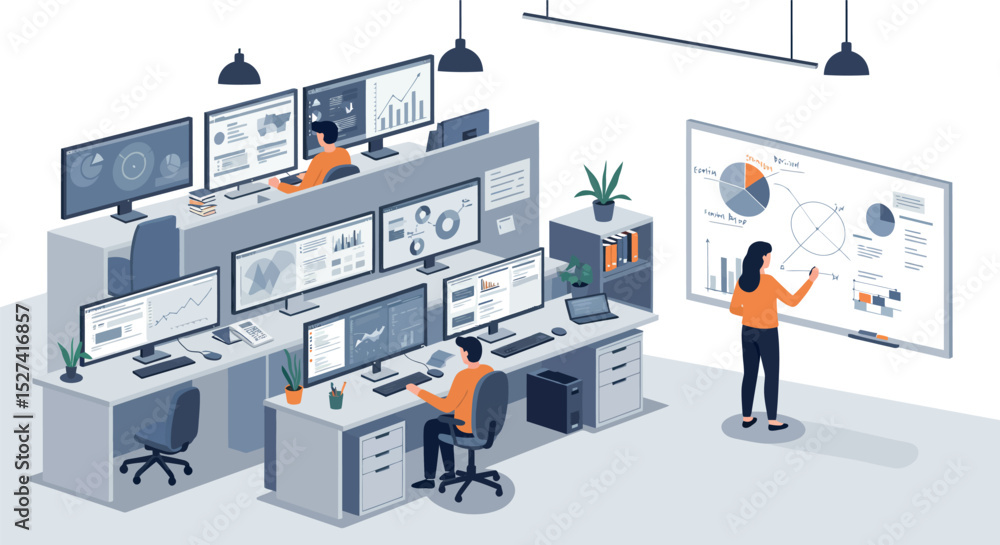 Poster collaborative office environment with team analyzing data and presenting strategies vector illustrat