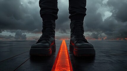 A pair of black combat boots stands on a paved surface.