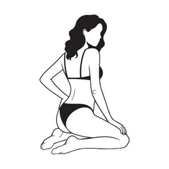 Modern feminine bikini pose sketch of a woman sitting gracefully in side view