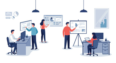 Team collaboration and data analysis in a modern office setting vector illustration
