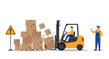 Forklift safety illustration with worker and cargo management accident warning vector illustration