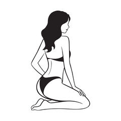 Stylish back view line art of a kneeling woman in swimwear illustration design