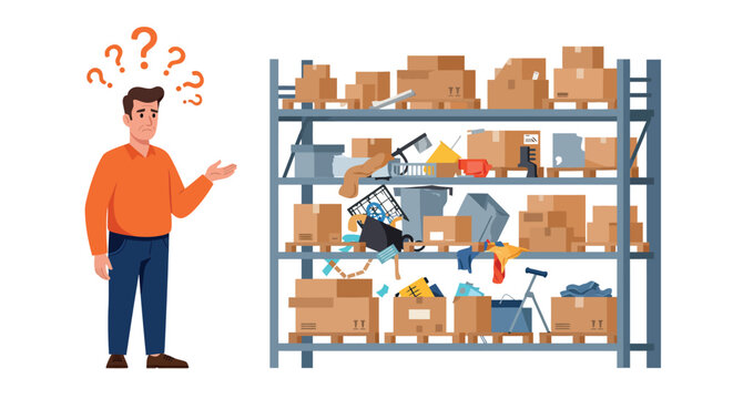 Confused man in orange shirt facing disorganized shelves filled with various boxes and clutter vector illustration