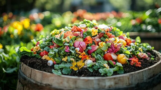 Colorful compost heap in wooden barrel, garden setting