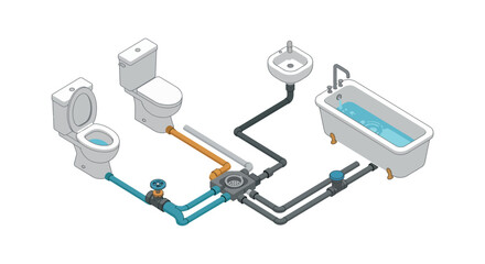Isometric plumbing system diagram for bathroom design and maintenance vector illustration