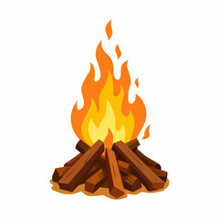 A vibrant campfire with orange and yellow flames burning on stacked wood.