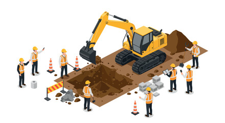 Construction site with excavator and workers in safety gear for urban development projects vector illustration © Santiago