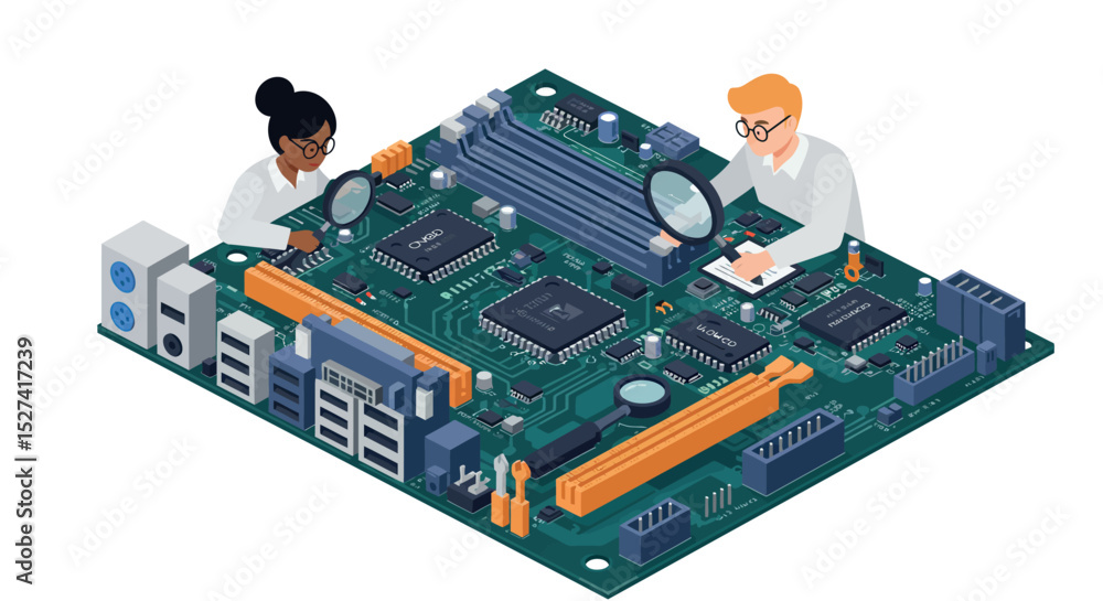 Poster engineers analyzing computer motherboard components in technology concept design vector illustration