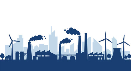 Urban and industrial skyline with wind turbines and factories depicting environmental contrast vector illustration © Santiago