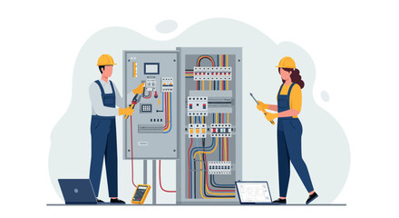 Electrical engineers working on control panel safety inspection vector illustration