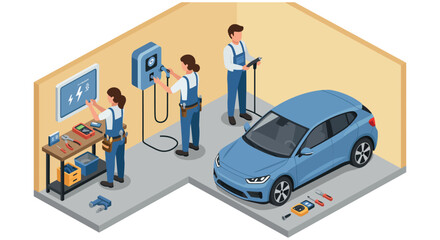 Obraz premium Efficient electric vehicle maintenance and charging station design vector illustration