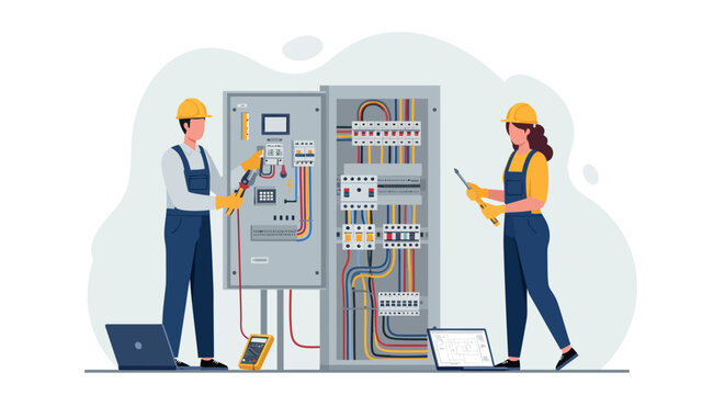 Electrical engineers working on control panel safety inspection vector illustration