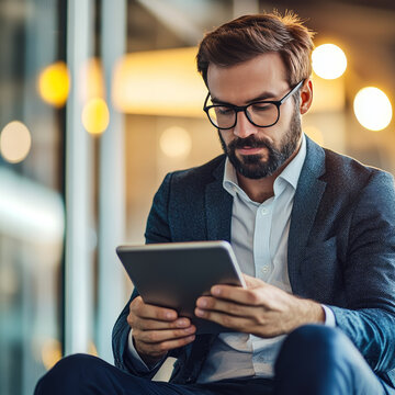 Businessman using tablet analyzing teamwork dynamics among employees, project collaboration efficiency, team performance metrics, interpersonal communication strategies, group decision-making.