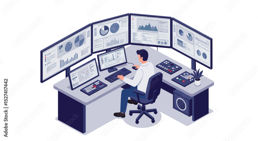 Poster analyst working at data monitoring workstation in office environment vector illustration