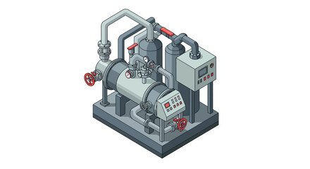 Isometric industrial machinery system with control panel for engineering design vector illustration