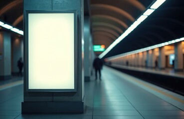Illuminated billboard stands empty in modern subway station at night. Blank display ready for advertisement. Urban transit architecture features clean lines, glowing lights, creating futuristic,