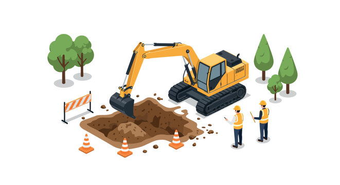 Construction site with excavator and workers preparing for digging project vector illustration