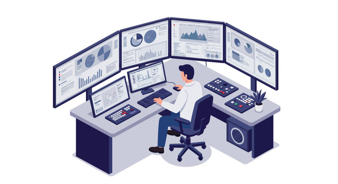 Analyst working at data monitoring workstation in office environment vector illustration