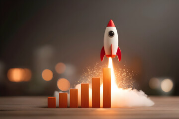 A rocket launches from a wooden bar graph, symbolizing growth and innovation with a blurred background of soft lights.