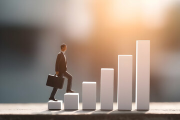 A businessman climbs symbolic stairs representing growth and success, with a soft, glowing background emphasizing ambition and progress.