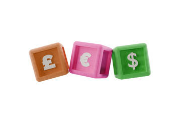 euro, dollar and pound symbols on 3d cubes, transparent background