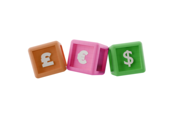 euro, dollar and pound symbols on 3d cubes, transparent background