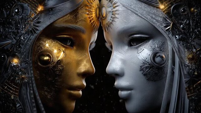 Discover an artistic portrayal highlighting the duality of Gemini, featuring two distinct faces that embody the sign's traits of communication and adaptability, set against a striking backdrop