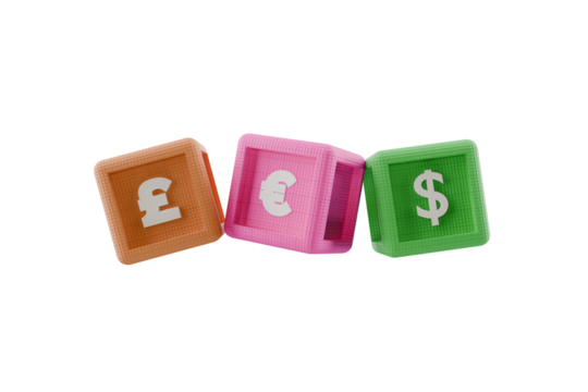 euro, dollar and pound symbols on 3d cubes, transparent background