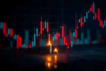 A stylized financial chart displaying fluctuating candle patterns, illuminated by two glowing candles, suggesting a theme of trading or market analysis.