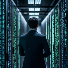 Businessman touching DATABASE MANAGEMENT network connection, data STORAGE and RETRIEVAL, SECURITY and INTEGRITY concept. DATABASE ADMINISTRATION and ANALYTICS are crucial components in this digital.