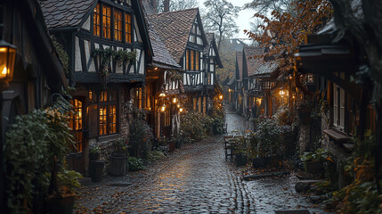charming narrow cobblestone path winds through timber framed houses, illuminated by warm lights