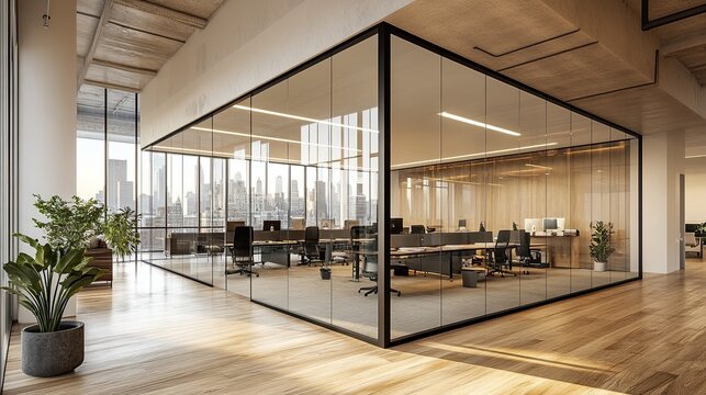 Open-concept office space with transparent glass walls, creating a bright and collaborative work atmosphere
