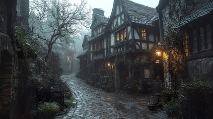 Obraz premium narrow medieval alleyway with timber framed buildings, illuminated by warm lights, creates cozy