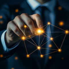 A smart solution to optimize B2B business. Businessman points at a virtual network connecting service with graphical icons in technology, finance, manufacturing, healthcare, and retail industries.