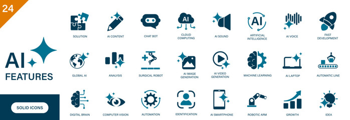 Fototapeta premium AI features icon. Containing AI image generation, chatbot, robotic, AI video generation, computer vision. Solid vector icons set.