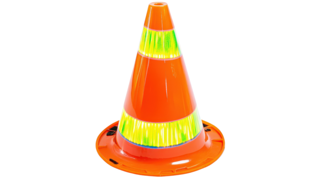 Bright orange safety cone with reflective bands, road hazard marker, Transparent background, PNG file