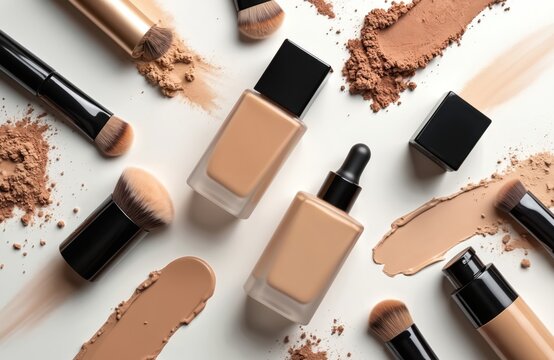 Liquid foundation, makeup brushes, face powder swatches arranged white background. Beauty products, cosmetic tools, cover face skin tone, make-up concept. Pro application, fashion glamour, beauty