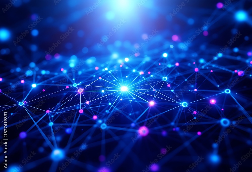 Poster abstract network connection digital nodes and lines illuminated in blue and purple