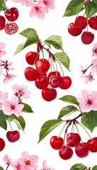Seamless pattern with ripe red cherries, green leaves and delicate pink cherry flowers on a clear white background  .   