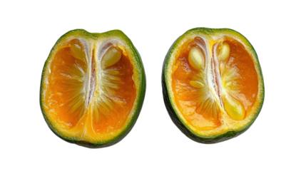 Calamansi (Philippine lime) halved to show orange pulp, green citrus skin, Transparent background, PNG file