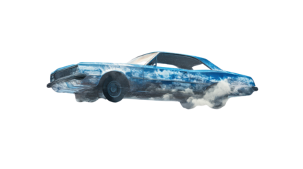 Car floating in mid-air, artistic surreal concept, Transparent background, PNG file