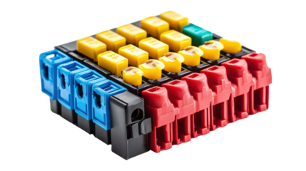Car fuse box with color-coded fuses, Transparent background, PNG file