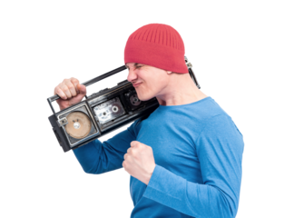 Stylish guy in red beanie and blue t-shirt enjoying loud music from vintage dirty boombox on shoulder. Expressive retro vibe. Transparent background PNG for design use.