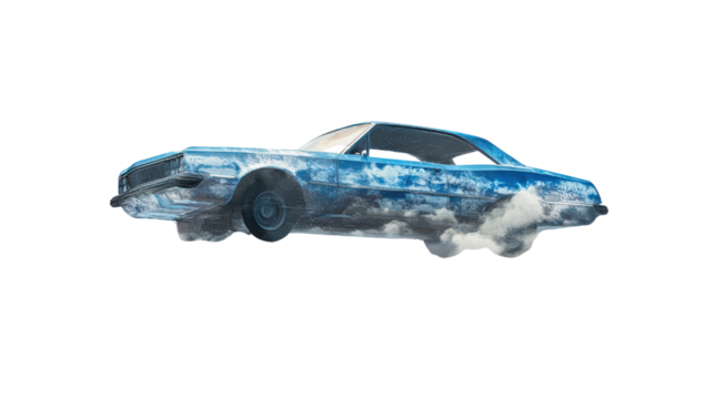 Car floating in mid-air, artistic surreal concept, Transparent background, PNG file