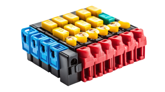 Car fuse box with color-coded fuses, Transparent background, PNG file