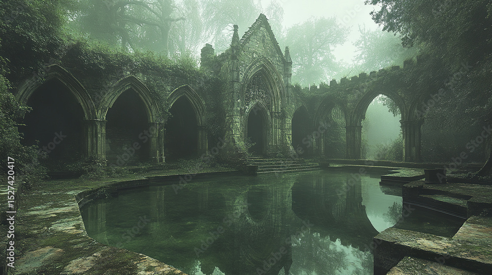 Aufkleber overgrown gothic structure with reflective inner pool surrounded by misty trees
