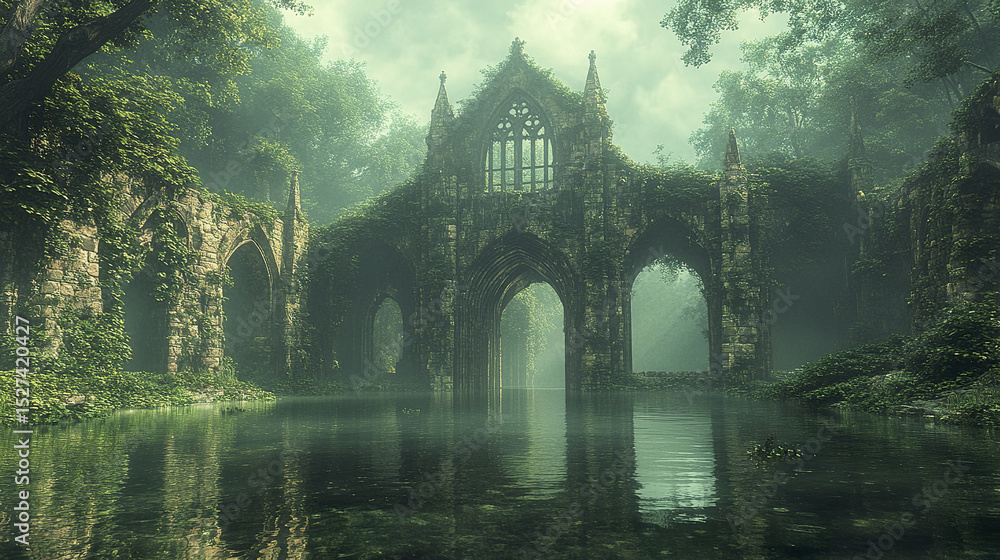 Poster overgrown gothic structure with reflective inner pool surrounded by lush greenery