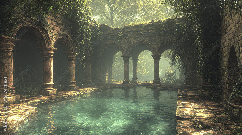 Poster overgrown medieval temple with serene deep pool and ancient stone columns, evoking tranquility