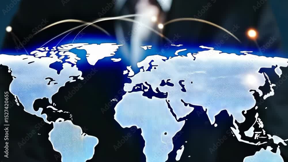 Poster global business network connection animation with world map held in palms of hands against a bokeh c